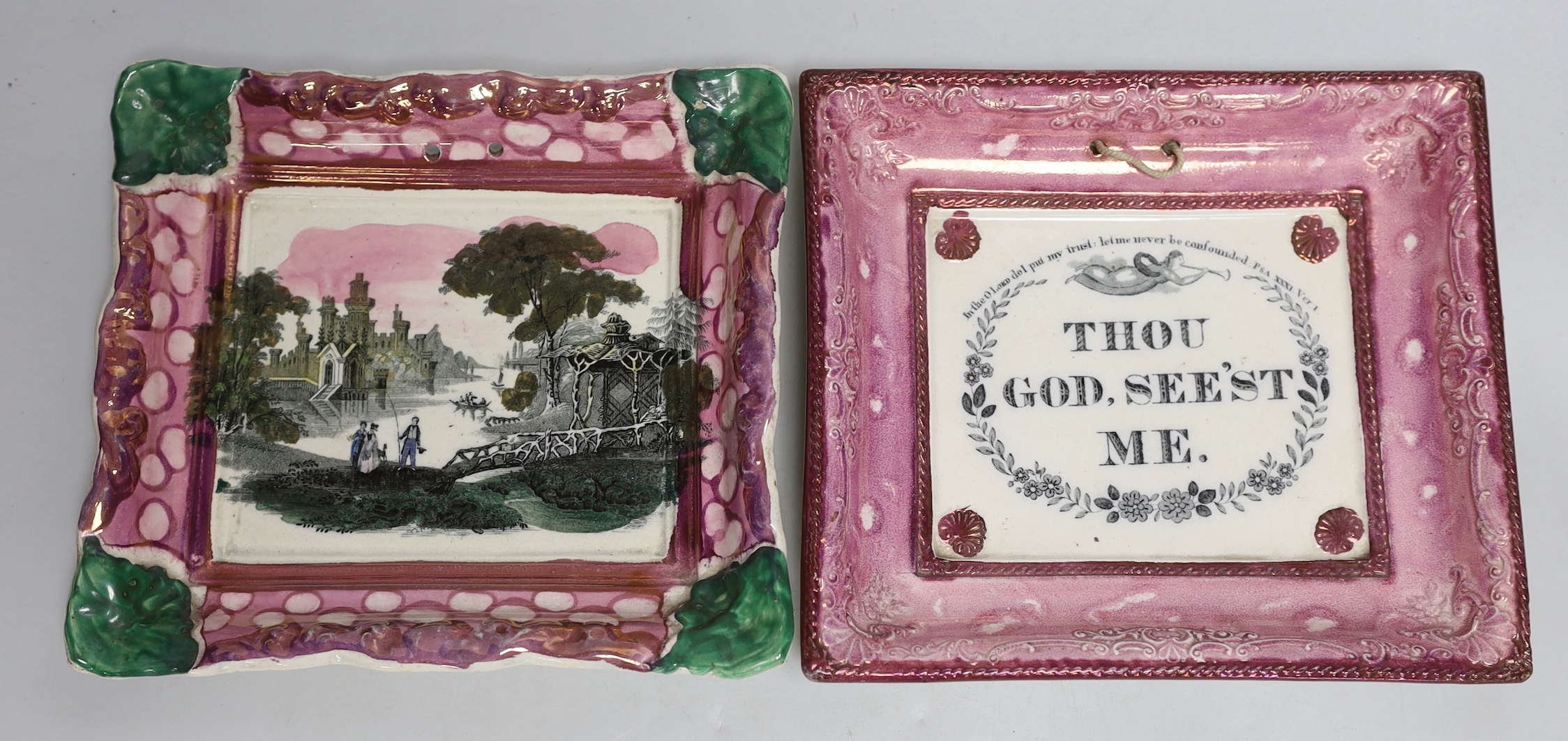 Two Sunderland pink lustre wall plaques, c. 1840, 22cm wide, 19.5cm high